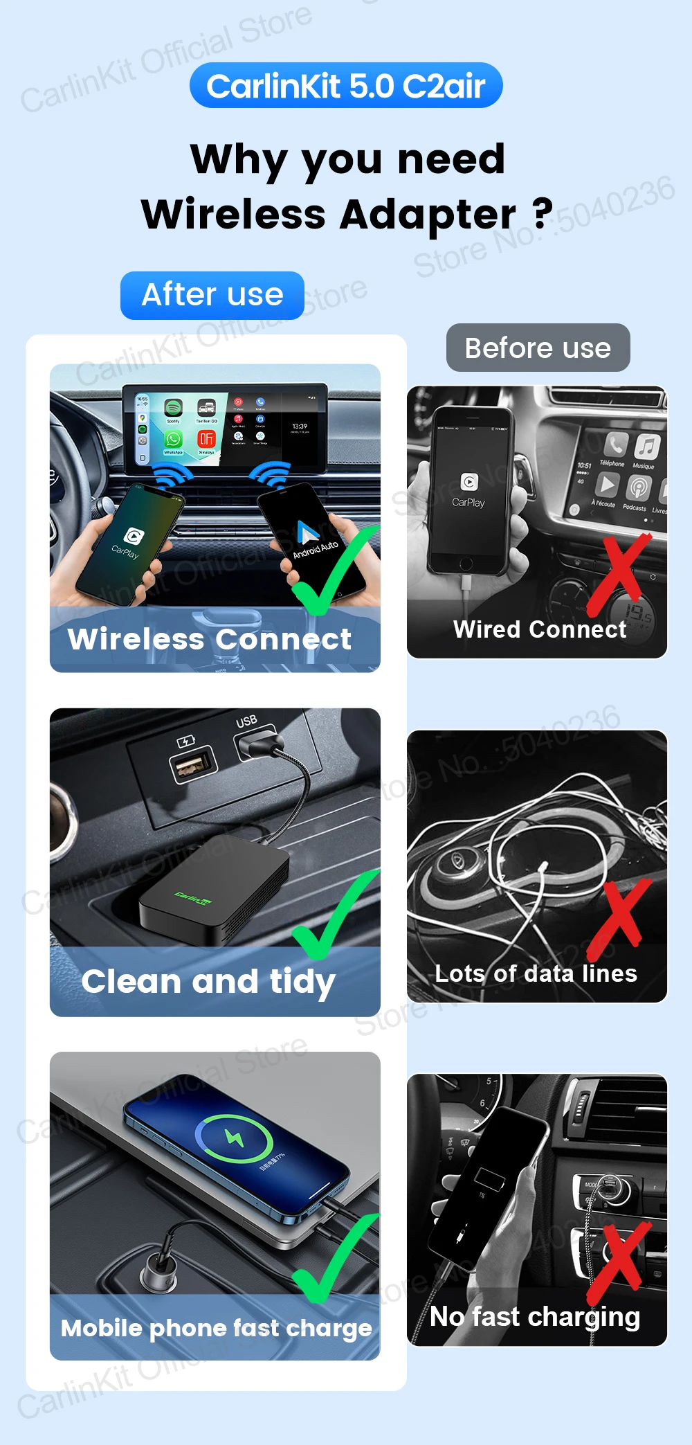 CarlinKit 5.0 C2Air 2-in-1 CarPlay Android Auto Wireless Adapter für kabelgebundene CarPlay- und Android-Auto-Fahrzeuge, Online-Upgrade, Plug & Play – Detail 4