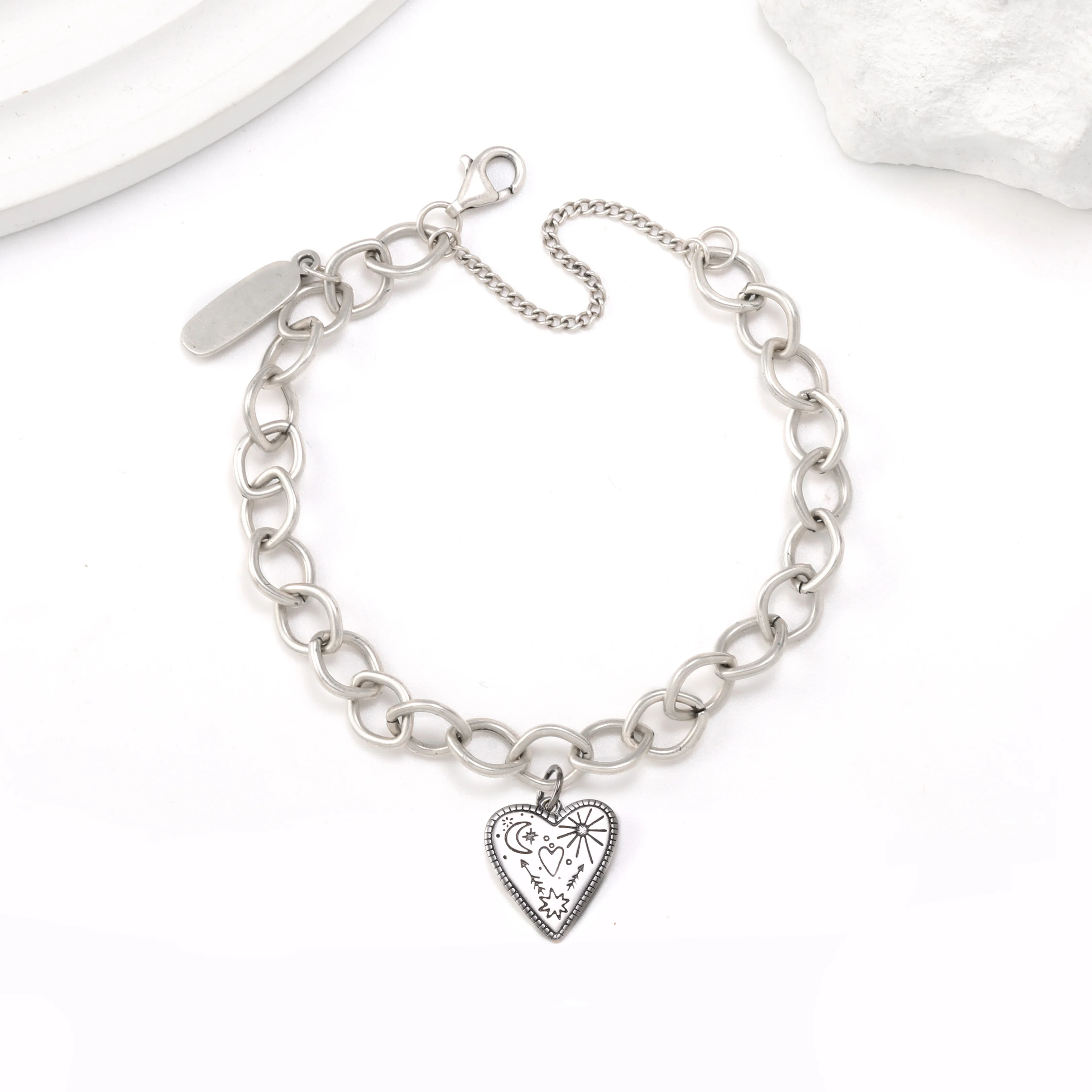 Sterling Silver James Avery Forged Link Charm Bracelet with Heart Pendant