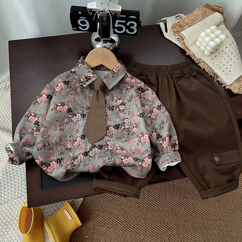 Autumn Floral Style Kid Boys 3PCS Clothes Set Tie Collar Shirts Knitted Sticker Vest Solid Pants Suit Toddler Boys Outfit  789
