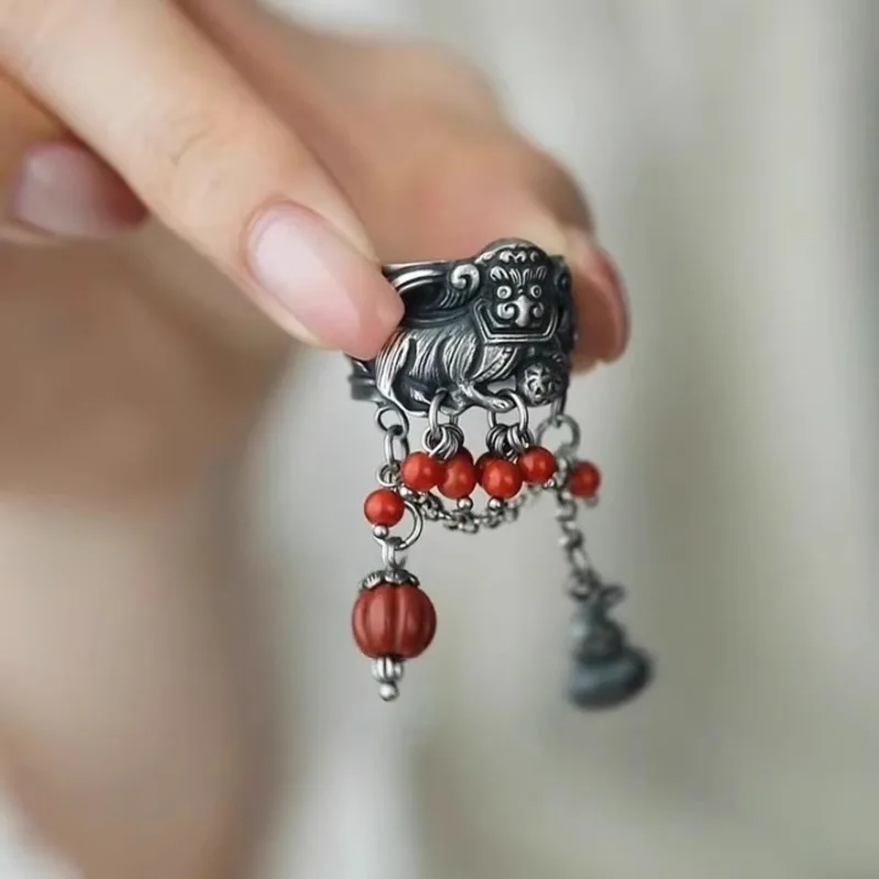 

New in Chinese style classical lion dance ring charms southern red tourmaline round beads rings for women banquet jewelry