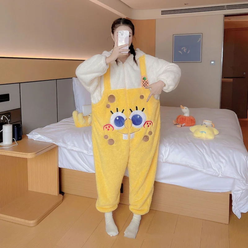 2023 New Cartoon Cute Spongebob Squarepants Coral Plush Pajamas Women\'s Winter Patrick Star Home Plush Thickening Pajamas Set