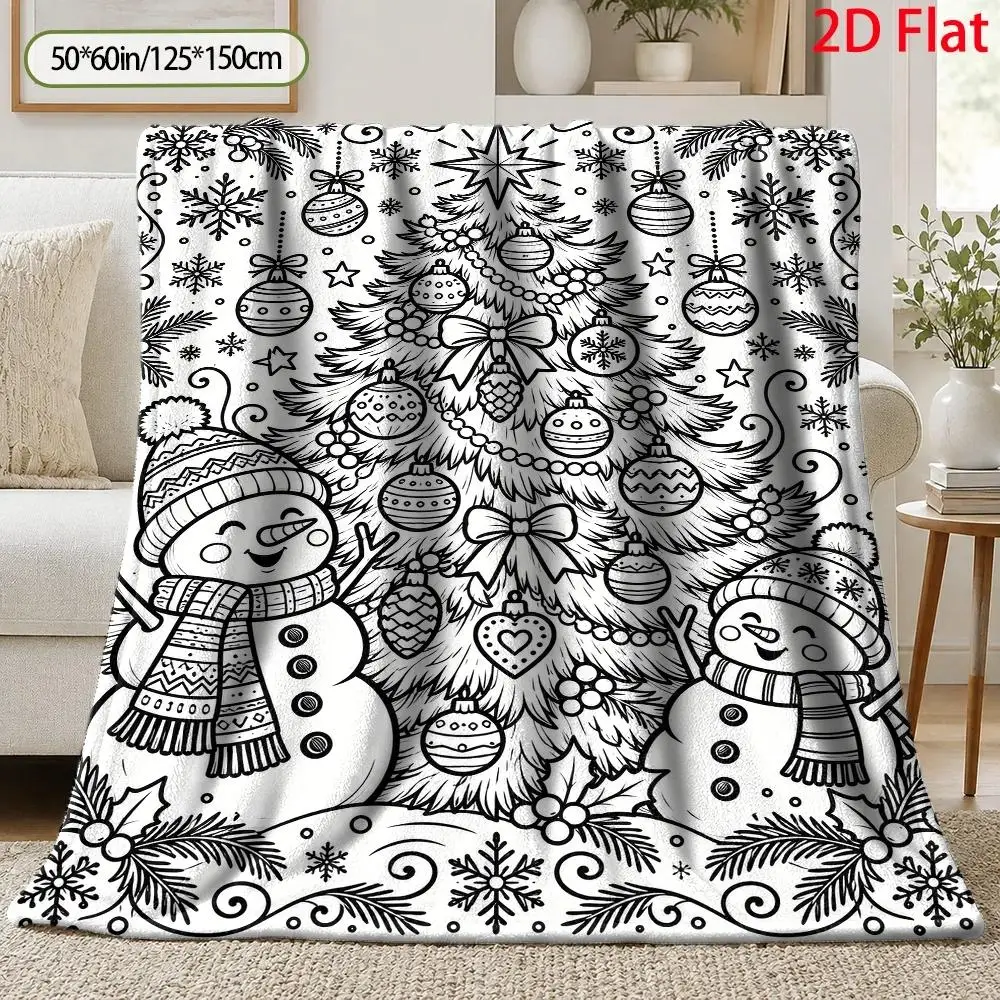 1pc 2D Flat Christmas Tree Decor Throw Blanket, Black White Snowman Line Art Blanket, Festive Home Decor