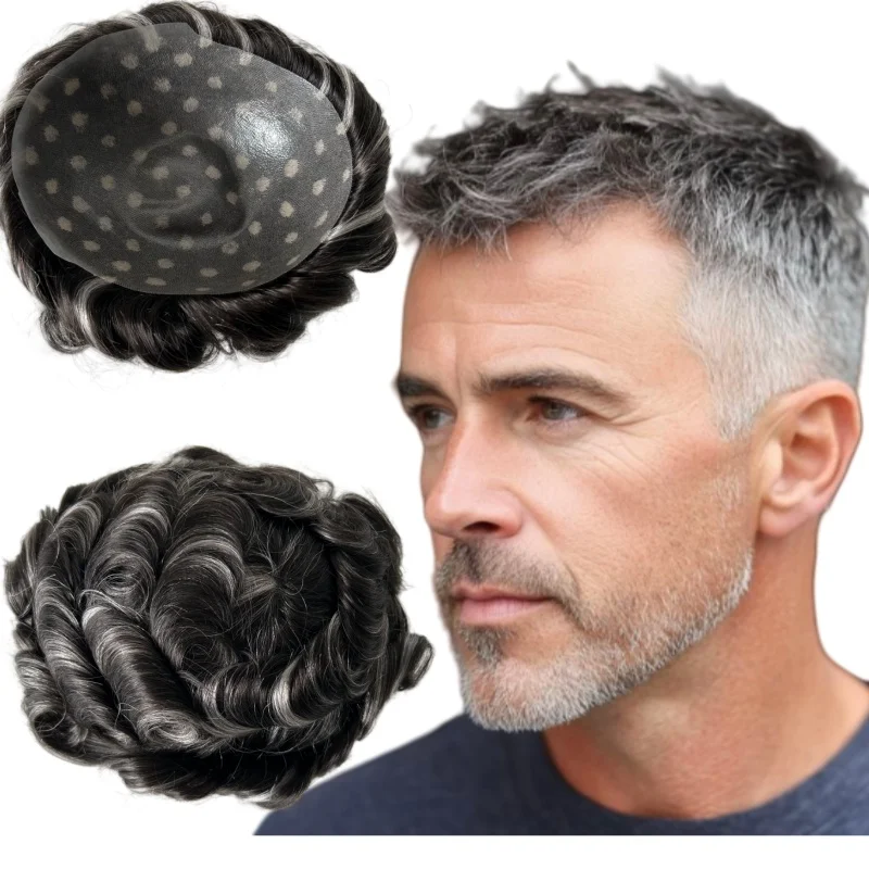 

Системы для коррекции волос из натуральных волос Реми # Мужской парик-накладка 8x10 дюймов с имитацией кожи головы, 60% седых волос, цвет 1B, с узелковым креплением