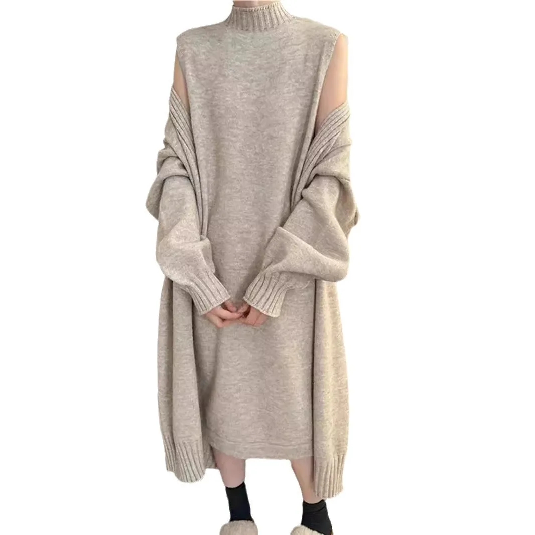 Gestricktes, solides Kleid-Set, ärmellos, knöchellang, Rollkragenpullover, Kleid, lockere Strickjacke, Oberbekleidung, High Street, Herbst 2025,