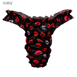 Mens Shiny Satin Sissy Ruffled Thong Briefs Low Rise Lingerie Soft Night Underwear Underpants Good Stretchy Bikini Panties