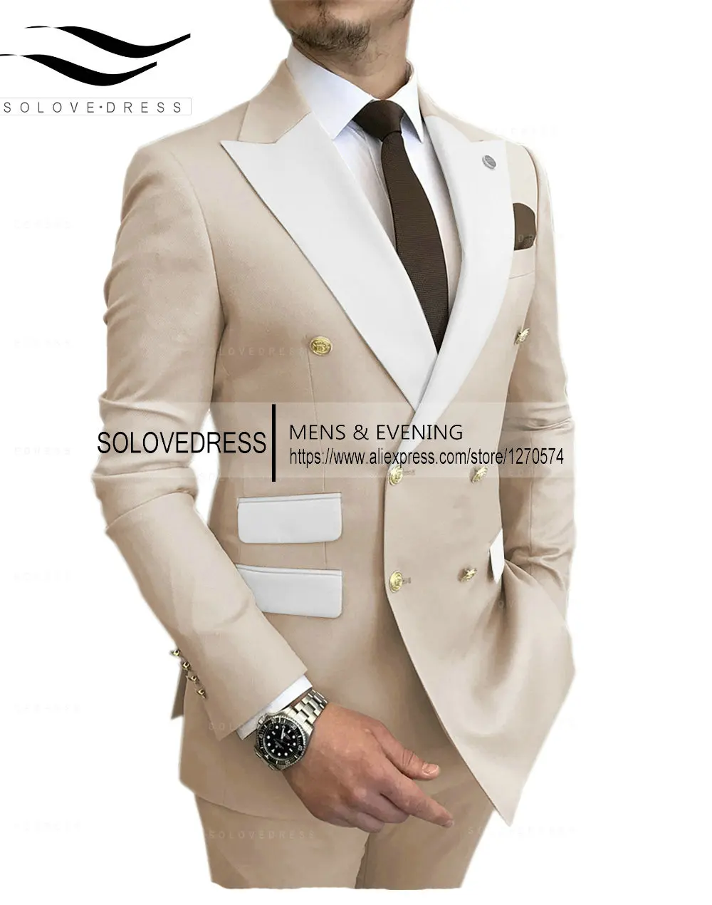 Groom&Groomsman Suit for Wedding Slim Fit 2 Pieces Set Double Breasted Notch Lapel (Blazer+Pants)