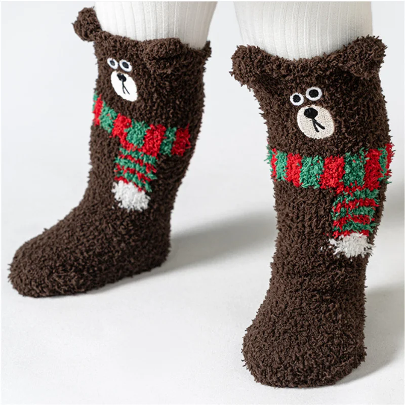 Calzini lunghi per bambini invernali in pile di corallo, spessi, caldi, carini, per ragazze, ragazzi, morbidi cartoni animati, orso, madre figlia, calze genitore-figlio