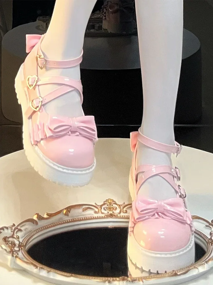 JK Uniform High Heels Platform Shoes Sweet Girl Casual Lolita Bow Japanese Leather Shoe