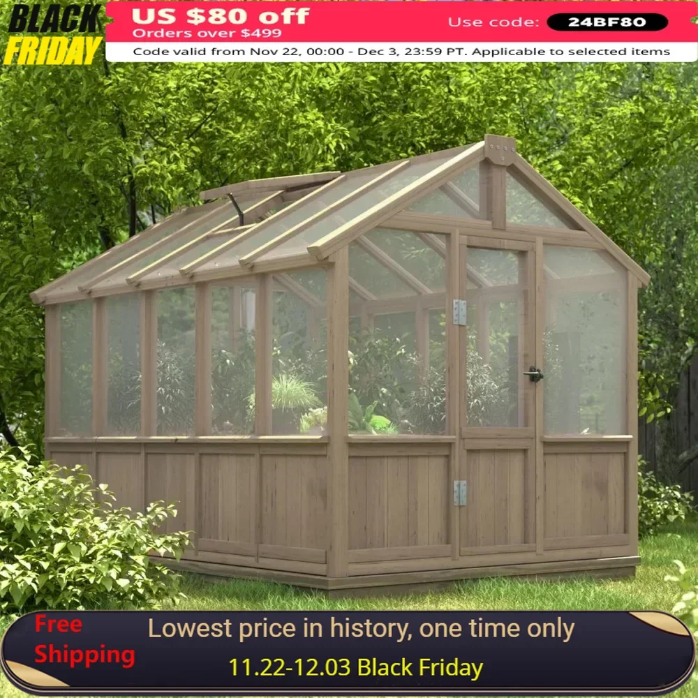 

6 X 10 FT Greenhouse with Ventilated Window, Lockable Door, High Quality Pure Fir Wood and Hardware, Walk-in Wooden Greenhouse