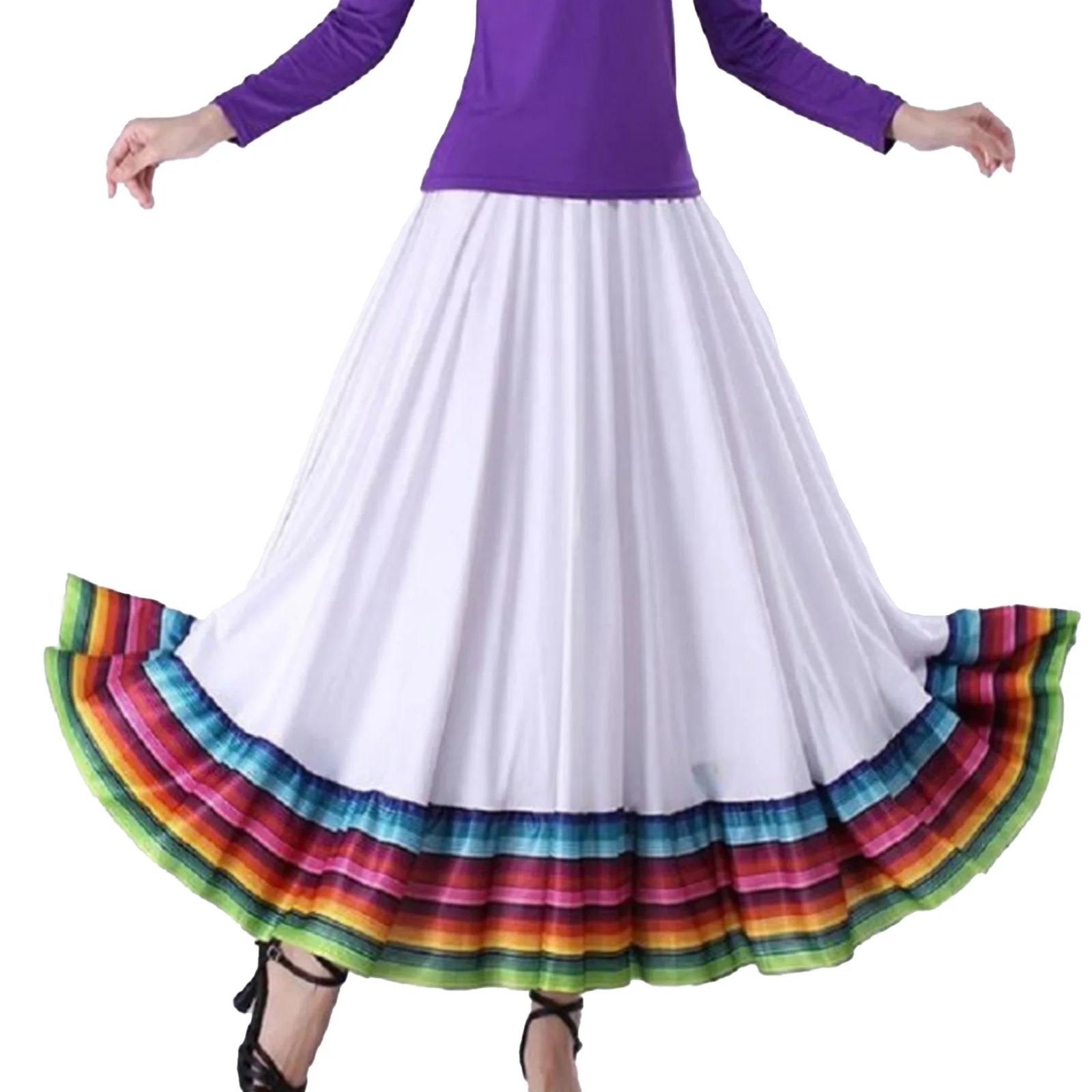 Womens Mexican Flamenco National Standard Dance Skirts Ballroom Tango Dance Performance Costume Folk Dancing Long Ruffled Skirt