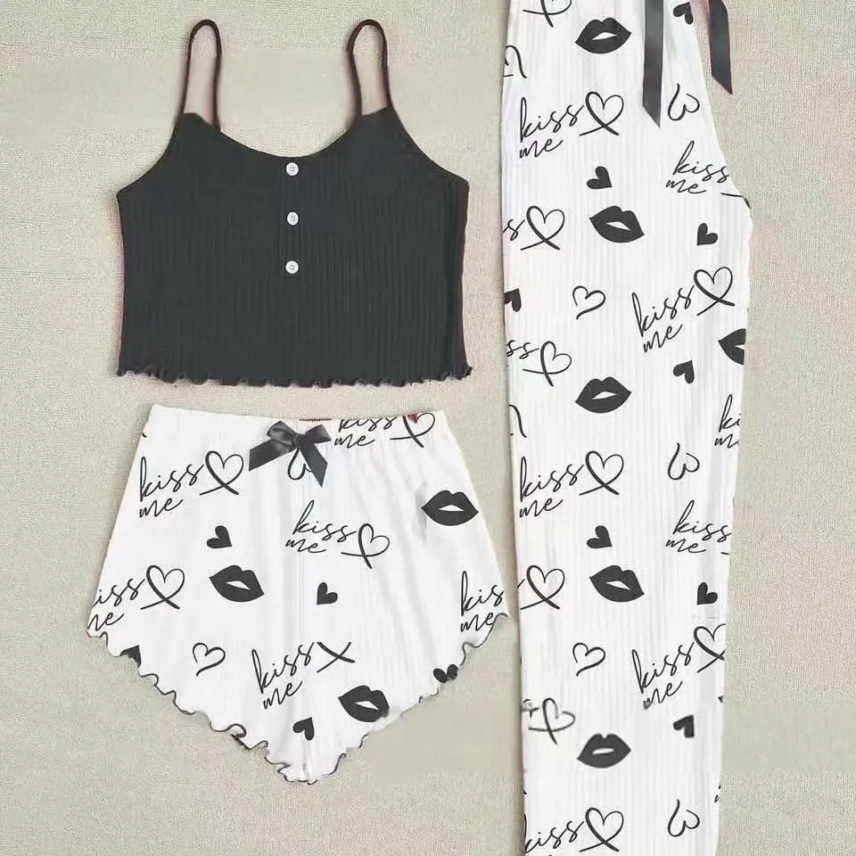 3 Pieces New Pajamas Set Women Sleepwear Casual Heart-Shaped Printed Vest and Shorts and Pants Sets Homewear Pijamas