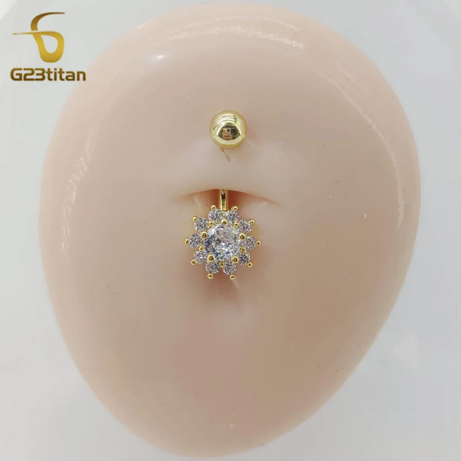 G23titan White CZ Zircon Flower Belly Button Ring Surgical Titanium Barbell 14G Body Jewelry Decoration Navel Ombligo Piercing