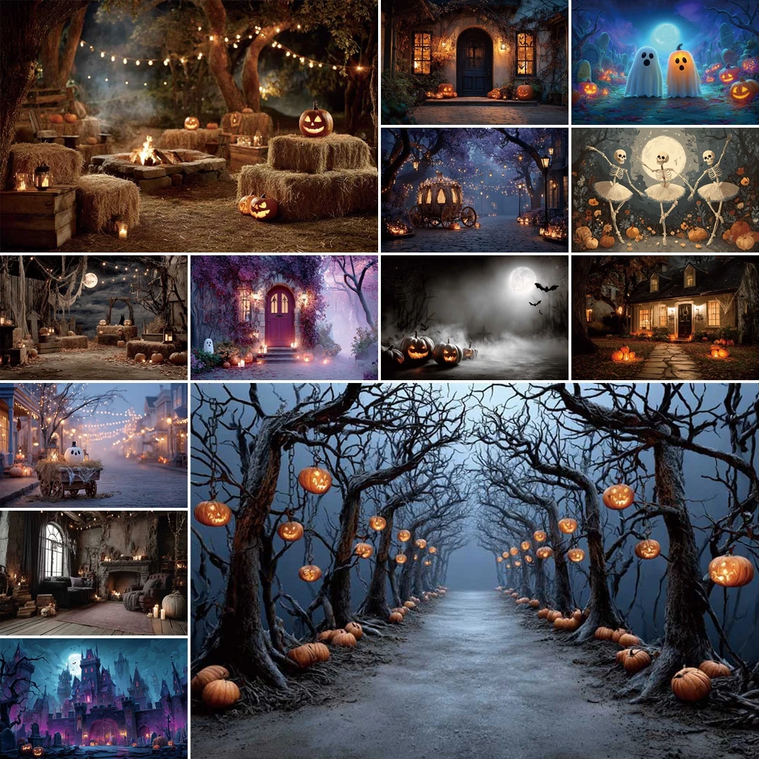 

MOON.QG Halloween Outdoor Photography Backdrops Trees Pumpkin Hay Backgrounds Baby Shower Decoration Accessories Party Poster