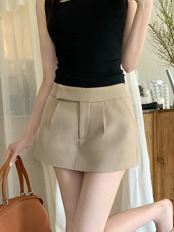 Khaki Color Suit Skirt Pants Women's Spring Summer New Style A-Line Low Waist Pocket Short Skirt Casual High Waist Polyester ...
