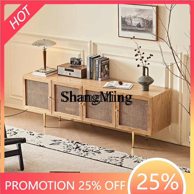 

FG rattan living room four-door solid wood TV cabinet medium antique simple floor storage TV cabinet