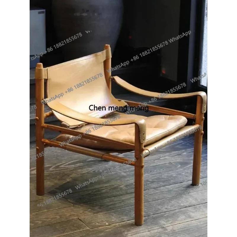 

Designer Creative Safari Chair, Nordic Retro Home Living Room Leisure Chair, Solid Wood Saddle Leather Printed Hunting Chair