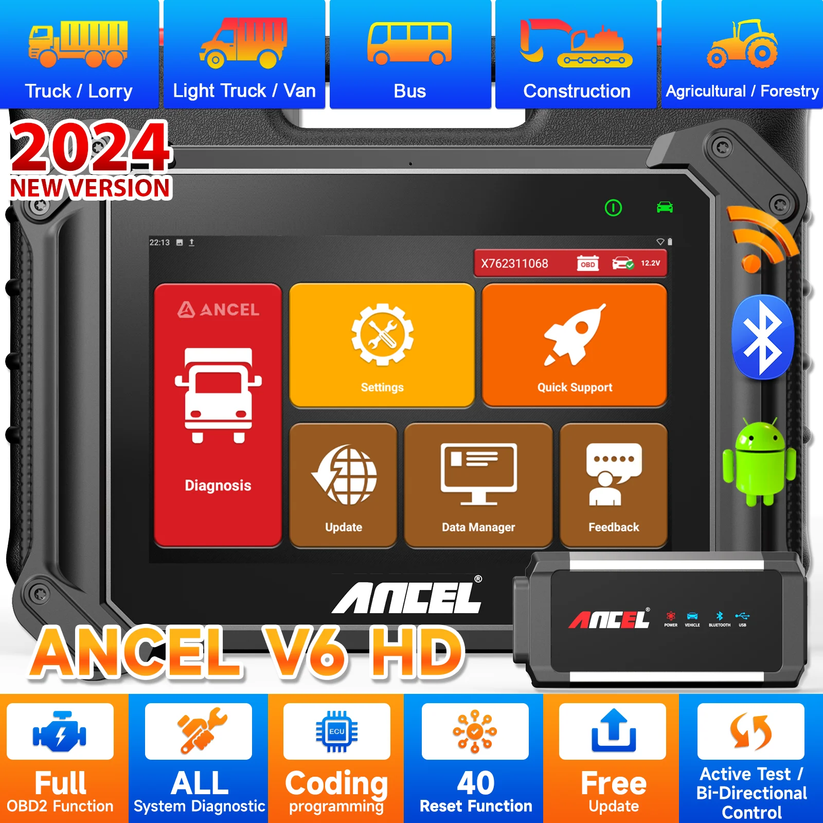 ANCEL V6 HD Car Heavy Duty Truck Scanner All System DPF Oil OBD Diagnostic Tool ECU Coding Programming BI-Directional OBD2 Truck