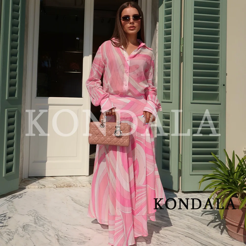 KONDALA Women Trendy Printed Skirt Set 2026 Summer Seaside Elegant Holiday Chic Set Lapel Buttons Shirts,Wide Pleated Midi Skirt