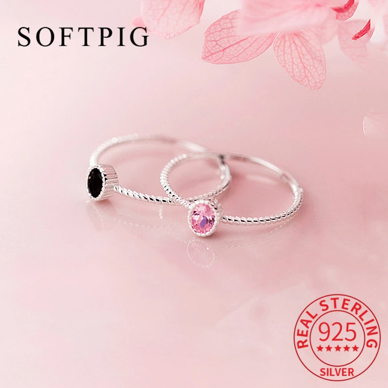 

SOFTPIG Real 925 Sterling Silver Black Pink Oval Zircon Ring For Charming Women Classic Fine Jewelry Geometric Accessories
