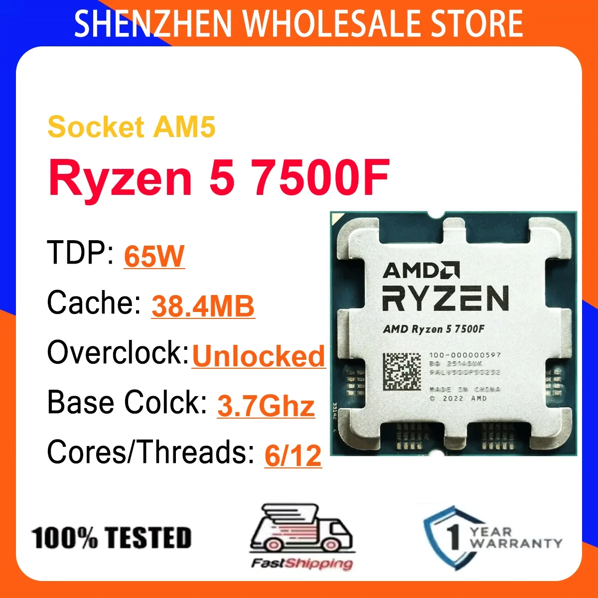 AMD Ryzen 5 7500F 6-Core 12-Thread 4NM 3.7GHz/5.0GHz L3=32MB 65W CPU Gaming Proce Socket AM5 DDR5 NEW No Cooler No Fan