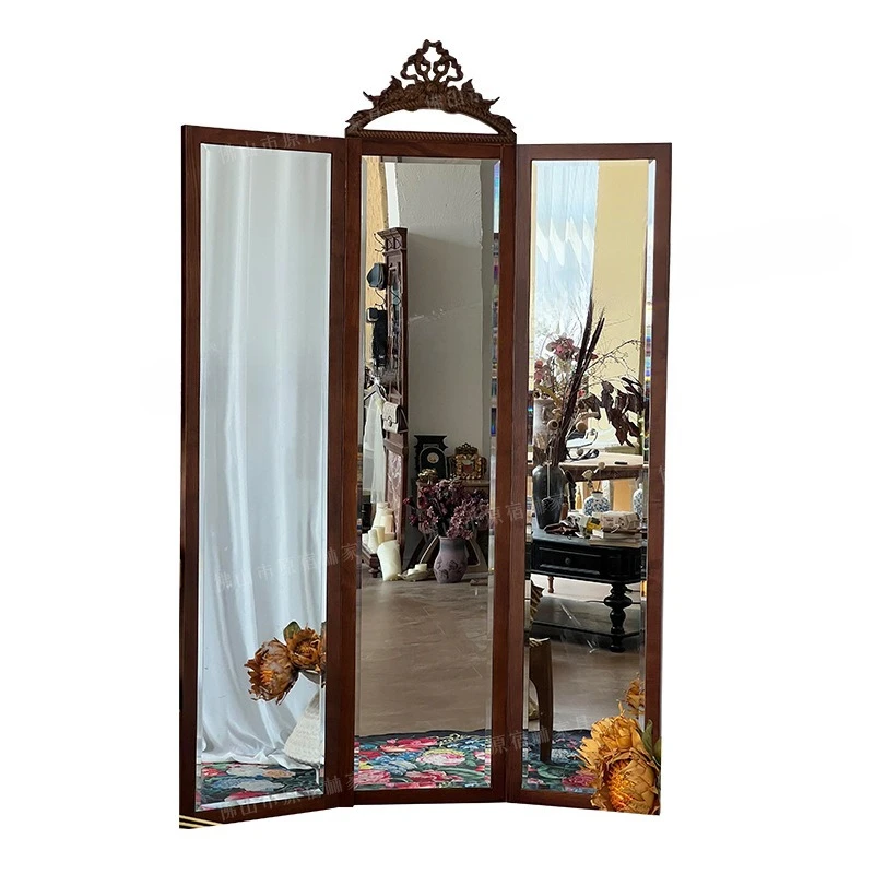 Retro Western antique mirror folding solid wood full-length mirror carved full-length mirror