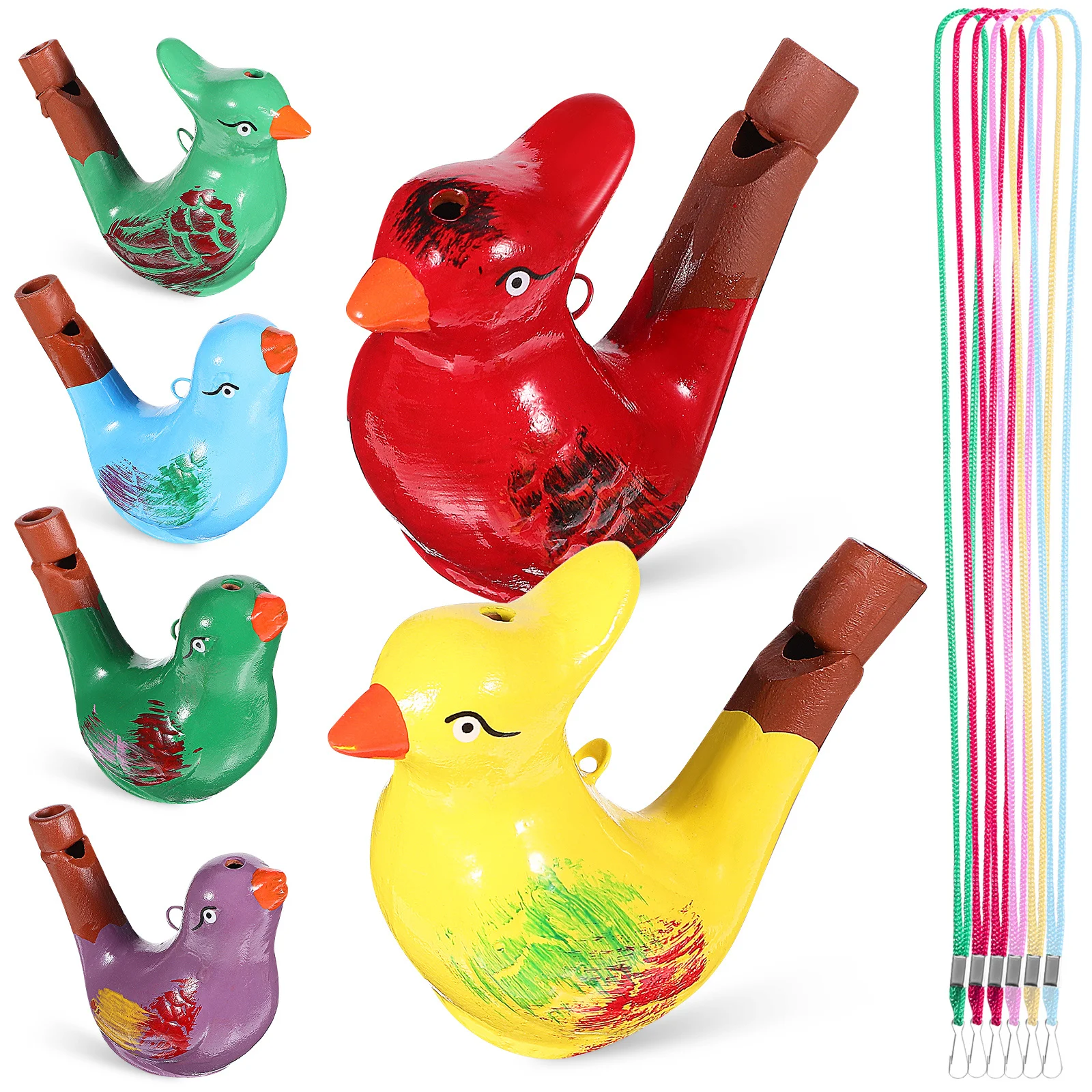 Sifflets d'oiseaux en céramique colorés, 6 pièces, Animal de dessin animé, ensemble de jeu éducatif Musical avec lanières, cadeau d'anniversaire pour enfants