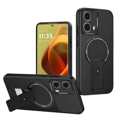 Luxury Magnetic Carbon Stand Case For Moto G35 G54 G55 G56 G75 G84 G86 G24 5G Edge 50 60 Fusion Pro Wireless Charing Phone Cover