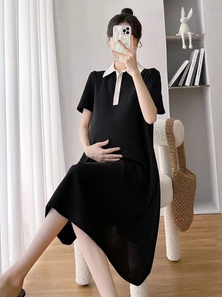 Maternity Summer Dress Set Korean Polo Shirt Maternity Dress Preppy Style Solid Color Dress Stretched Maternity Casual Dress