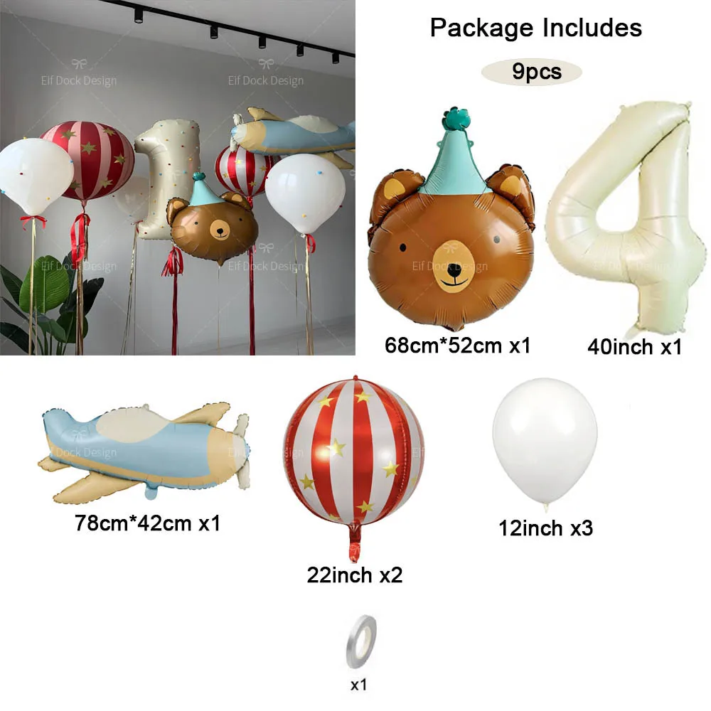 9pcs/Set Matte Airplane Cartoon Birthday Bear Red-striped Foil Balloon Cream Number for Birthday Anniversary Party Decor Gifts - view 5