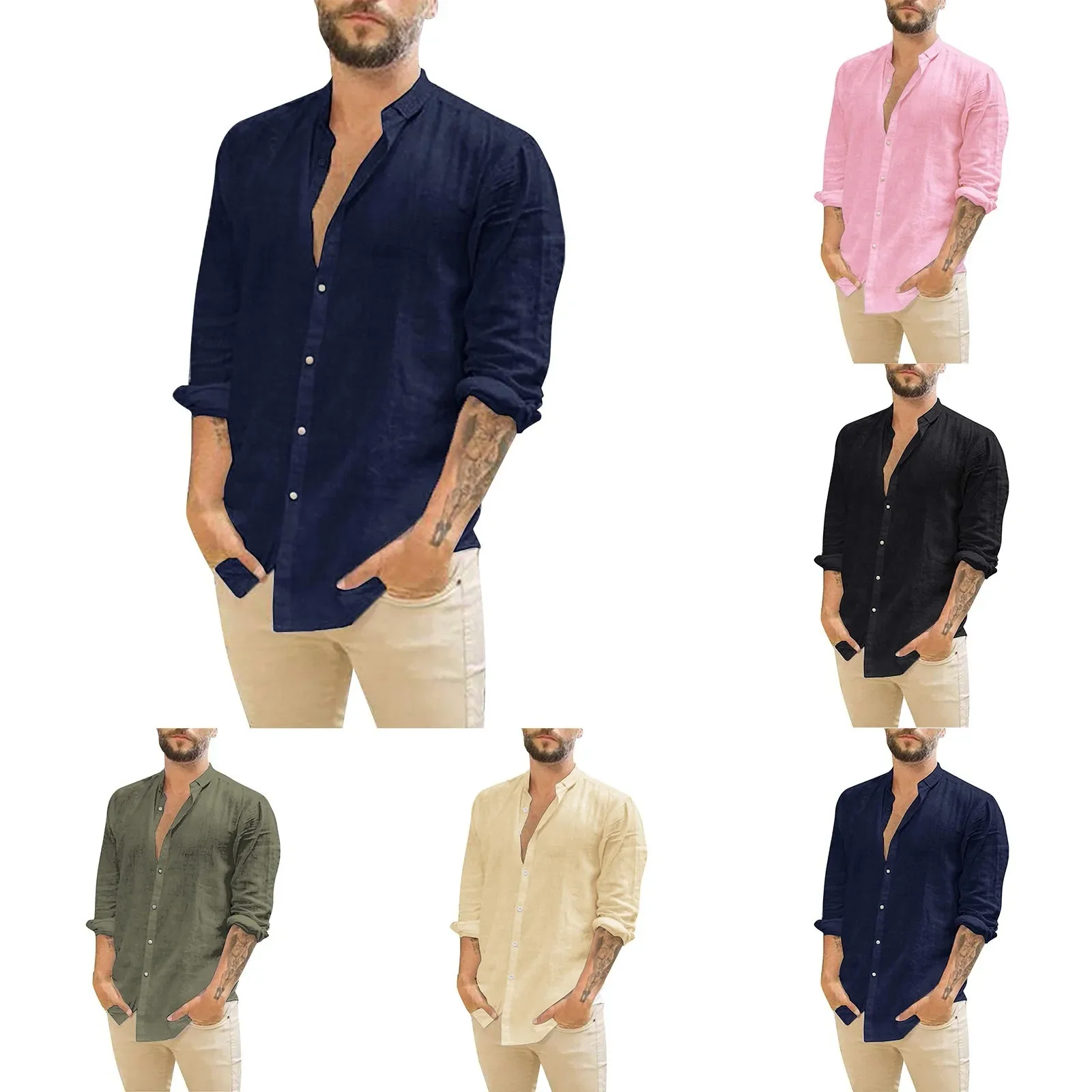 Cotton Linen Hot Sale Men's Long-Sleeved Shirts Summer Solid Color Stand-Up Collar Casual Beach Style Plus Size Camisas