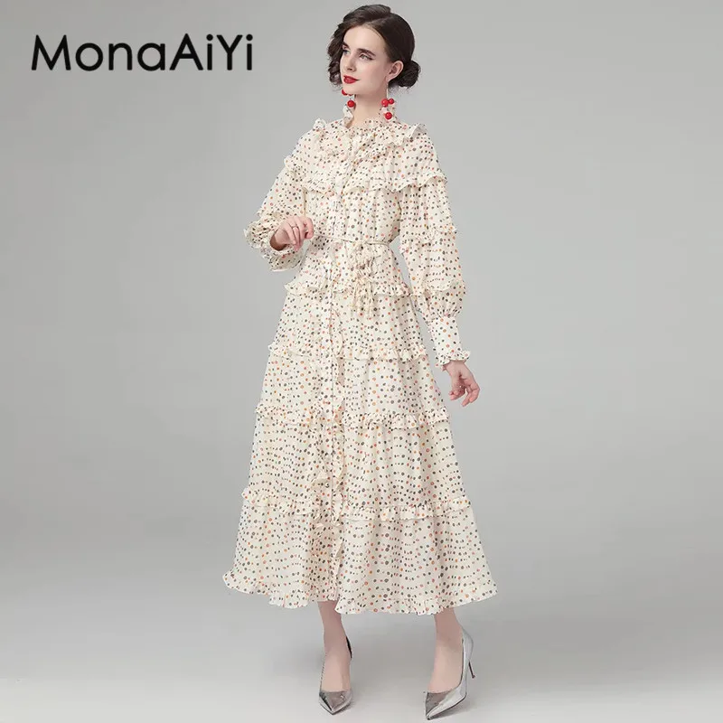 

MonaAiYi Autumn Women's Dress Stand Collar Garment horn sleeve Single-Breasted Edible Tree Fungus Edge Casual Holiday Dresses