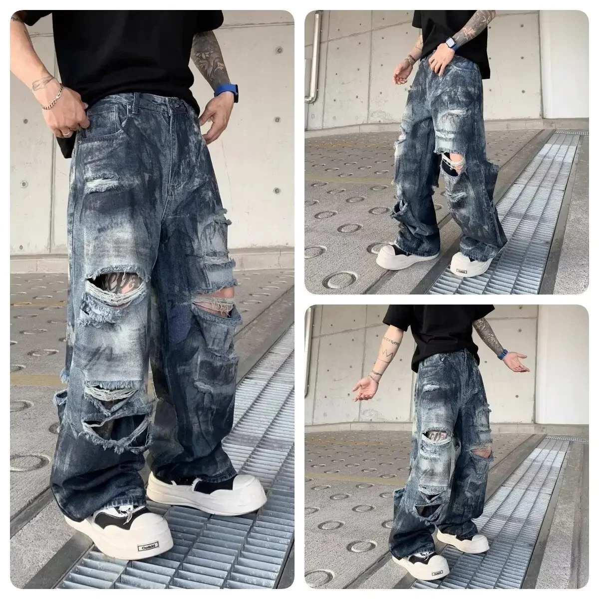 جينز ممزق أزرق عتيق للنساء بخصر عالٍ 2000 على الطراز القوطي الأمريكي الشرير الهيب هوب فضفاض غير رسمي مستقيم وواسع الساق من قماش الدنيم #6