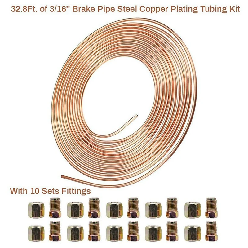 32.8 Ft Brake Pipe Copper-Plated Steel Pipe 3/16 Inch Car Replacement Brake Pipe Kit Car Brake Hose With 20 Nut Fittings