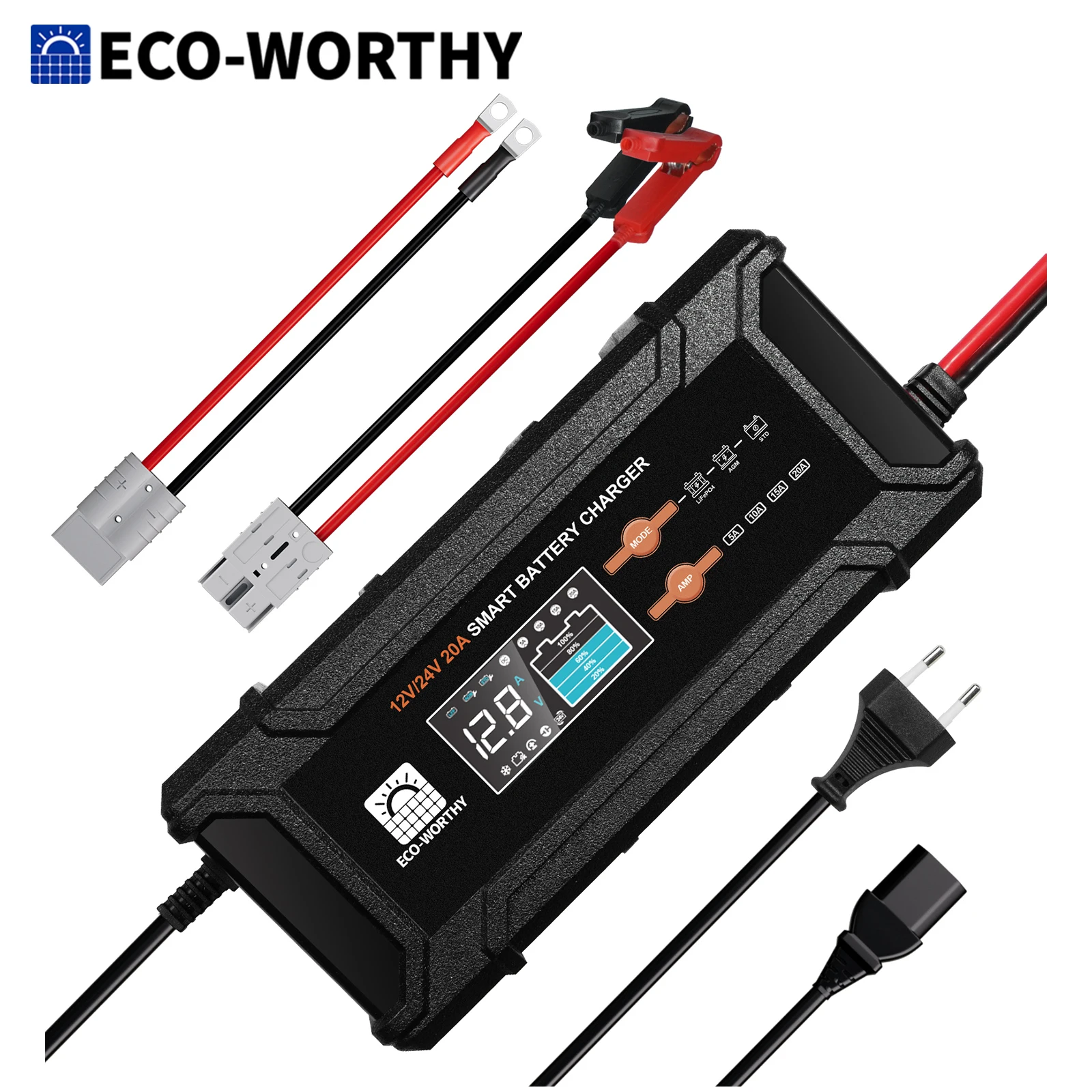 Cargador de Baterías LiFePO4 ECO-WORTHY 12V/24V 20A con Opciones de Múltiples Corrientes 5A/10A/15A/20A, Automático para Autos y Camiones