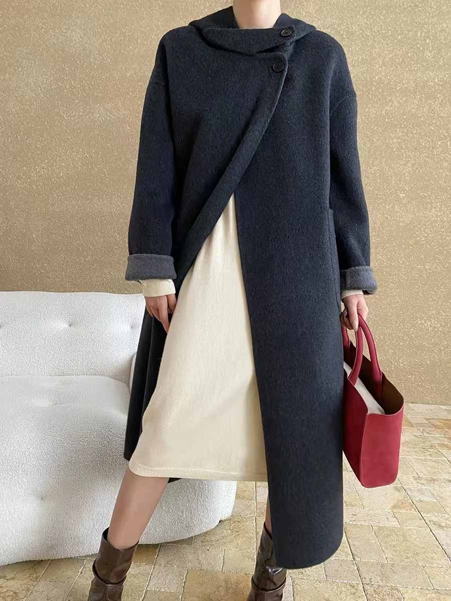 Light Luxury Old Money Style High-End Sense Stand Up Collar Hooded Long Silhouette Woolen Double-Sided Coat