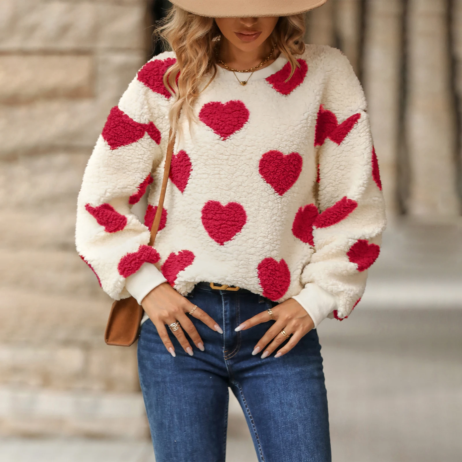 

Women's Valentine's Day Plush Furry Loose Fit Sweatshirts Long Sleeve Crew Neck Heart Contrast Color Hoodie Pullover Tops