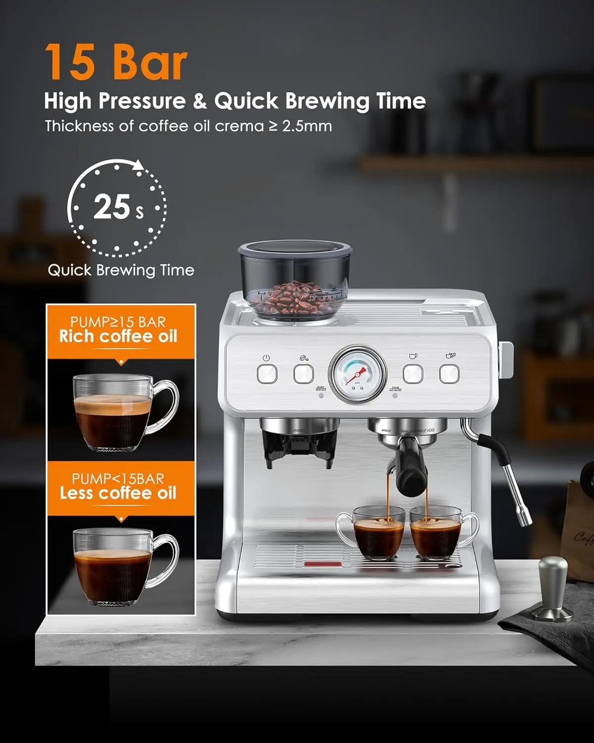 Espresso Machine,15 Bar Professional Espresso Maker with Coffee Bean Grinder Milk ,Coffee Machine for Cappuccino