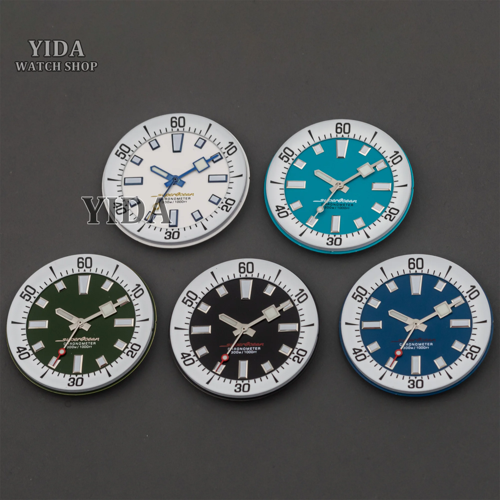 33.5MM Watch Dial Hands NH35 Watch Needles for SUPEROCEAN NH35 NH36 Movement Green Luminous Watch Faces Blue Luminous Hands Mod