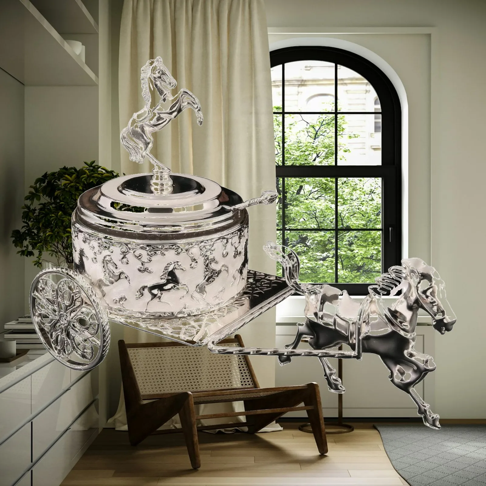 Carriage Storage Jar with Lid Silver-Tone Carriage Jar with Horse Finial Embossed for Collectors, Tabletop, Vanity