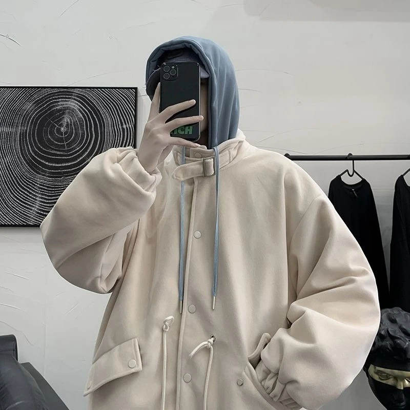 

Мужское темное готическое шерстяное пальто, осень-зима, уличная куртка большого размера с капюшоном, модная уличная одежда