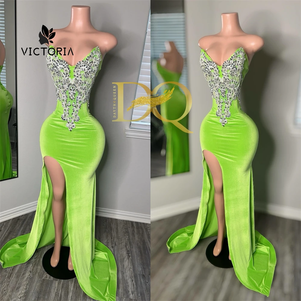 Fluorescent Green Velvet High Split Silver Crystal Luxury Prom Dress 2024 For Blackgirls African Mermiad Customized