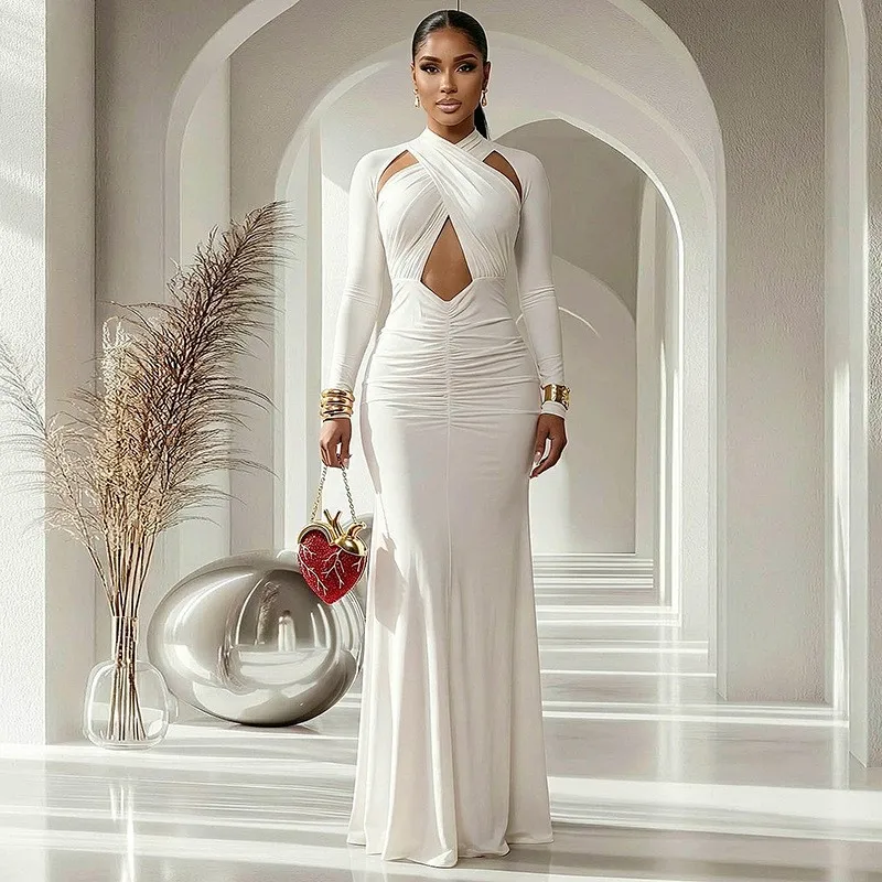 Long Sleeve Bodycon Dress Mid Waist Streetwear with High Temperature Setting Regular Sleeve Slim Fit Elegant Daily for Women