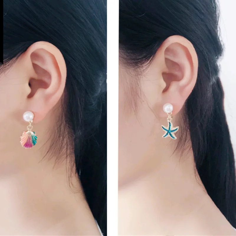 Ins Asymmetric Personality Creative Fashion Colorful Rainbow Shells,starfish,internet Celebrity,temperament,pearl Earrings