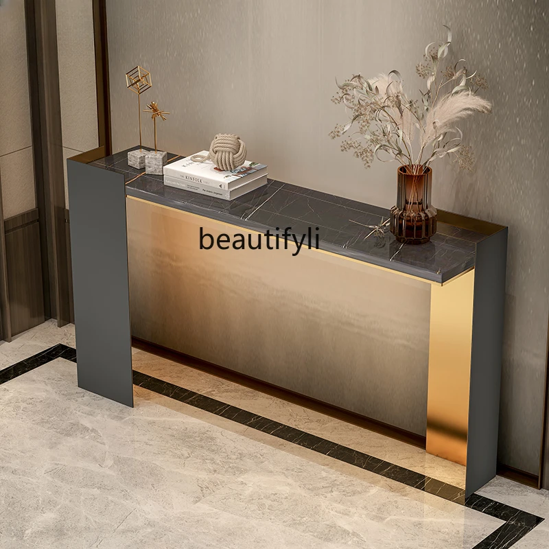 Stainless Light Luxury Console Tables Iron Living Room Decoration Console Marble Entrance Cabinet Italian Stone Plate