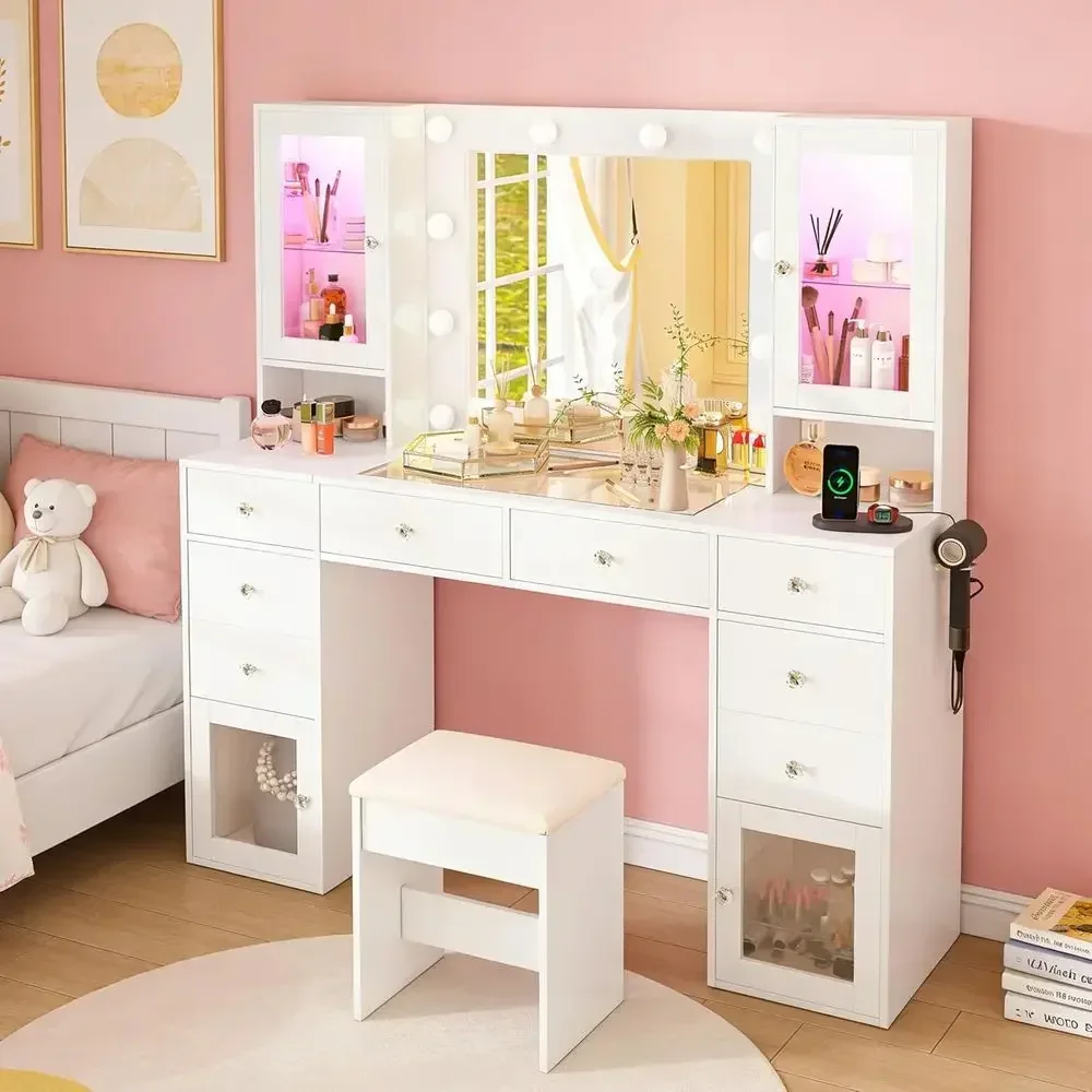 55 White LED Vanity Desk with Mirror, Lights, Drawers, Glass Cabinet, Stool for Makeup & Bedroom