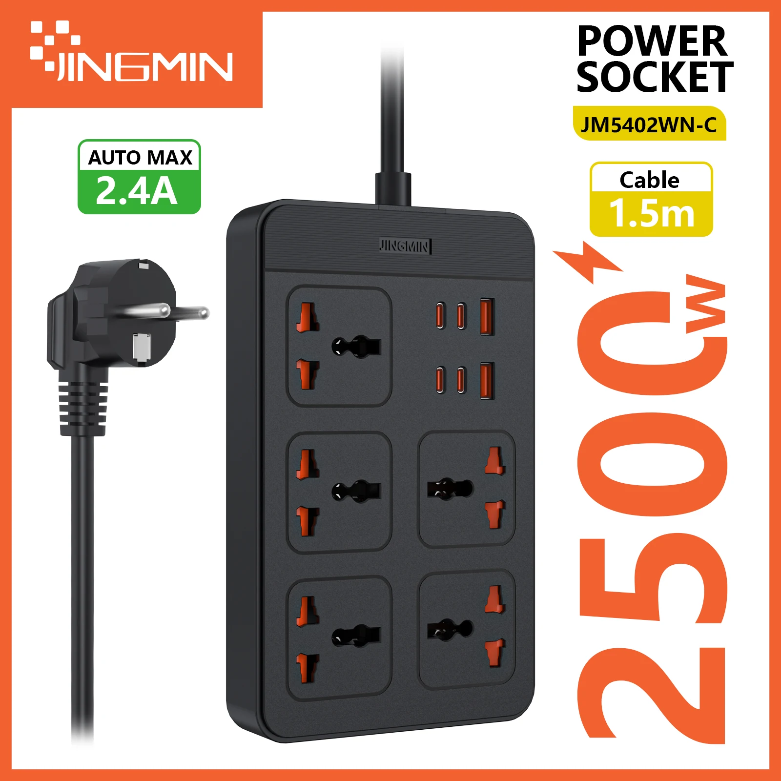 Power Strip Electric Socket with 2+4USB TypeC PD30W 13A 2500W Overload Protection Extension Cable 1.5m Electrical Sockets