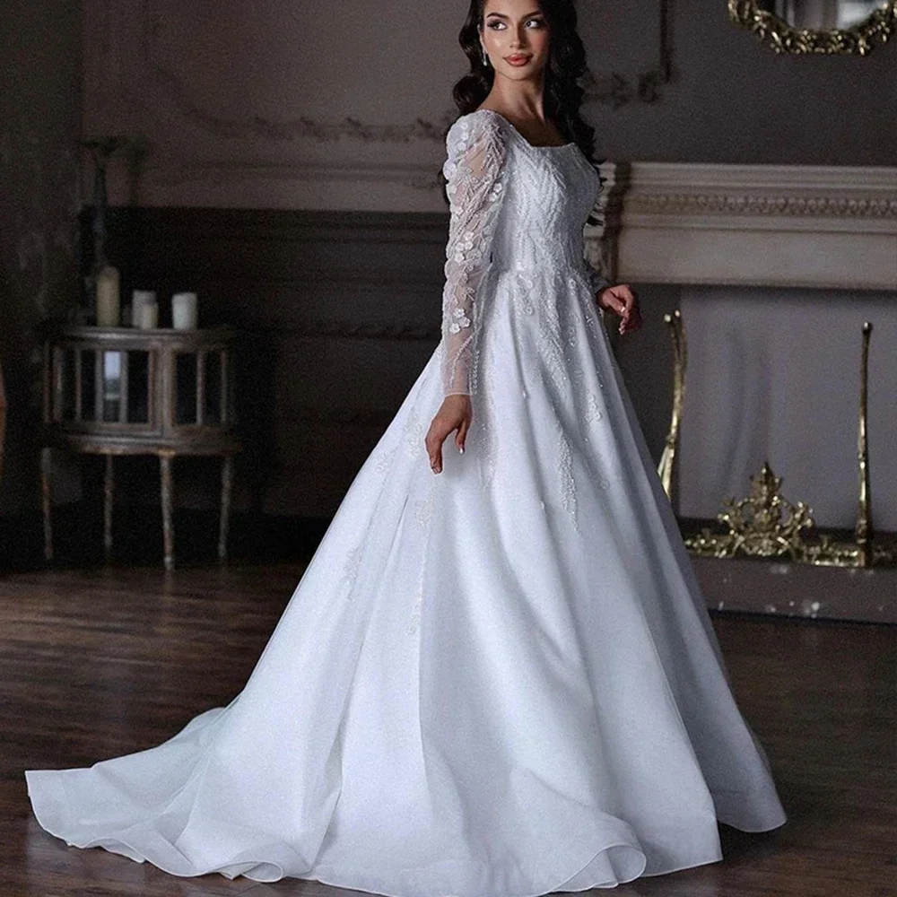 Elegante abito da sposa bianco a-line con applicazioni di perline Abito da sposa sexy con scollo quadrato a maniche lunghe e maniche lunghe Abiti da sposa personalizzati