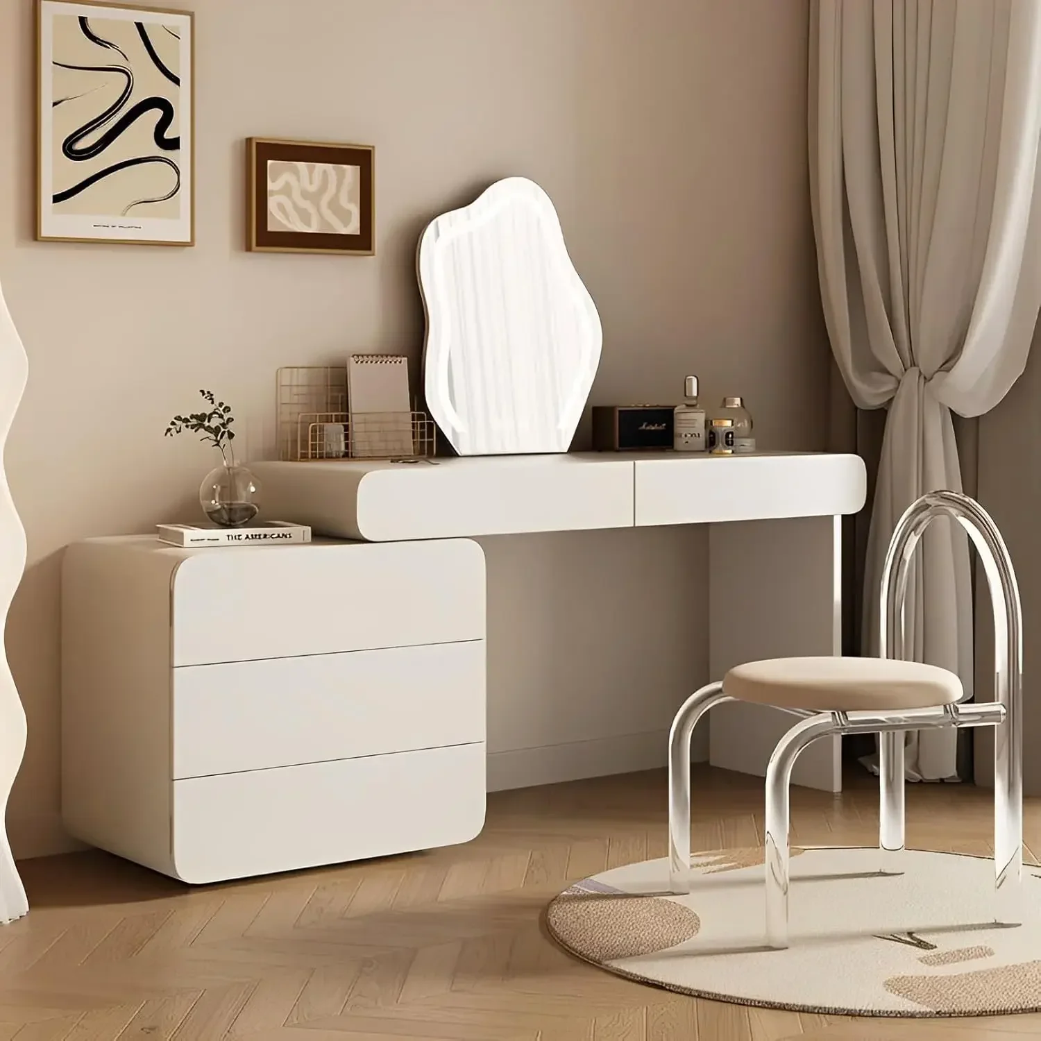 White Makeup Vanity with Mirror& Lights,Vanity Set with Free Retractable Side Cabinet,Dresser Table with 5 Solid Wood Drawers.