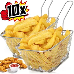 Mini Square Fry Basket Metal French Fries Chips Holder with Handle Desk Food Presentation Mesh Basket Kitchen Accessories Tools
