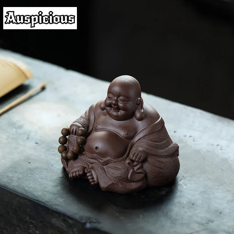 High-end Purple Clay Sculpture Tea Pet Maitreya Buddha Statue Tea Figurine Ornaments Handmade Home Tea Set Decoration Art Gift